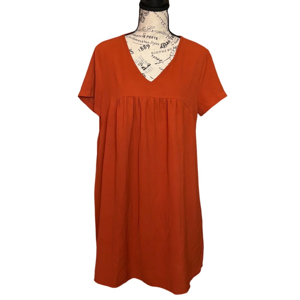 SHEIN Burnt Orange‎ Babydoll Mini Dress V-Neck Short Sleeve Rust Size L